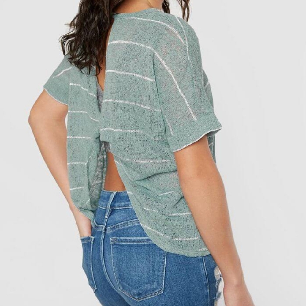 NEW Paper Crane Lazy Sundays Open Back Stripe Weave Top in sea foam